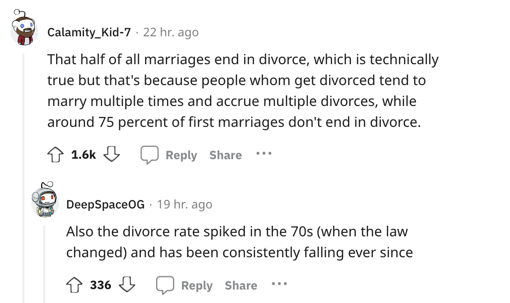 angle - Calamity_Kid7. 22 hr. ago That half of all marriages end in divorce, which is technically true but that's because people whom get divorced tend to marry multiple times and accrue multiple divorces, while around 75 percent of first marriages don't 
